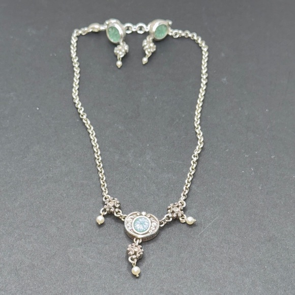 Brighton Signed Mystique Teal Floral Crystals Faux Pearls Necklace W/Earrings - Picture 9 of 9